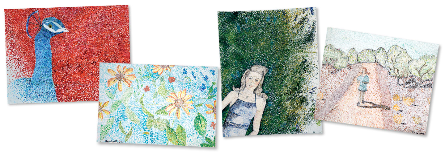 Paintings of a peacock, flowers, a woman lying, and a woman running.