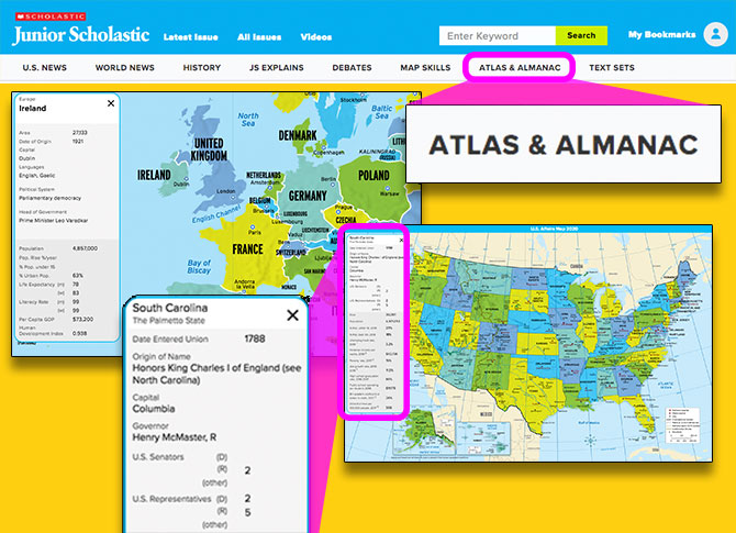 the Junior Scholastic Atlas and Almanac page and maps