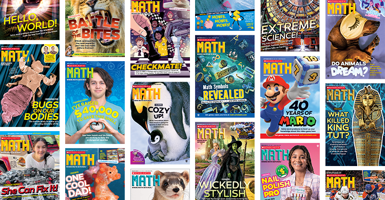 Collage of Scholastic Math magazine covers with varied topics and featured stories