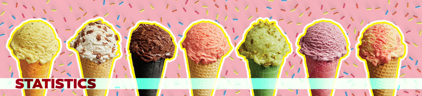 Six different ice cream cones with a sprinkles background. Text reads: Statistics