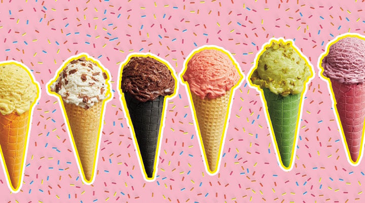Six different ice cream cones with a sprinkles background