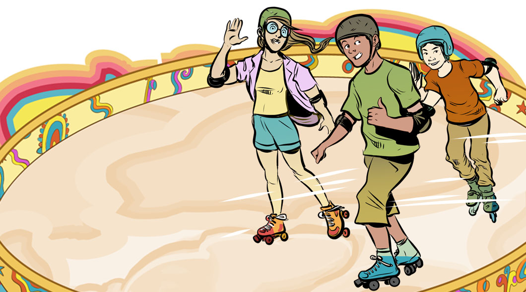 Illustration of three teenagers rollerblading