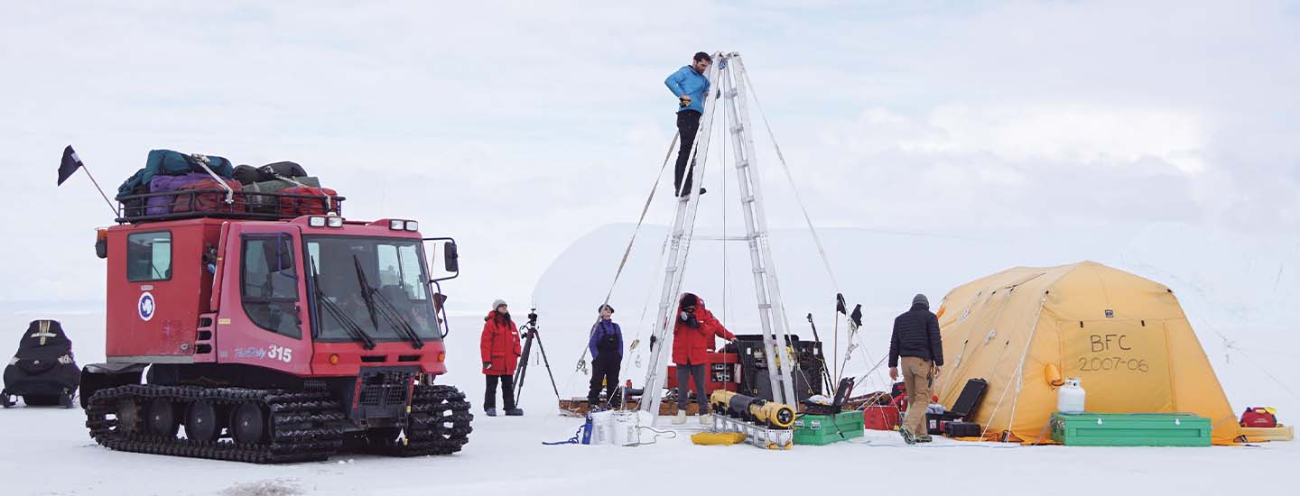 Researchers setting up their work site