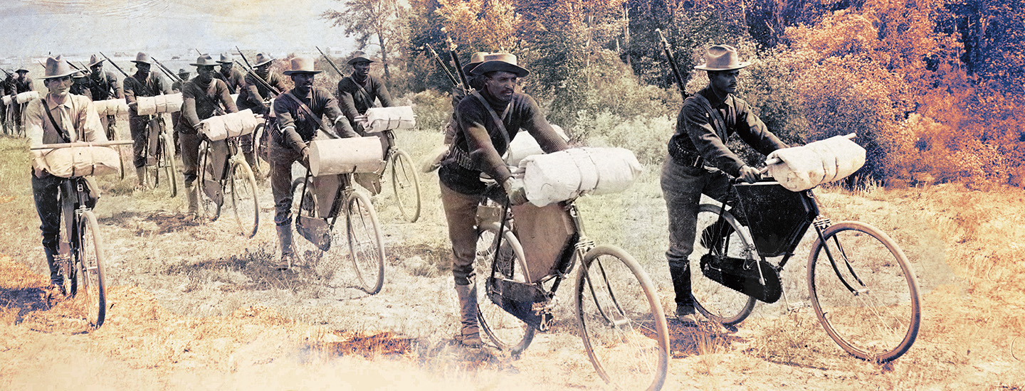 Colorized image of the Iron Riders riding together