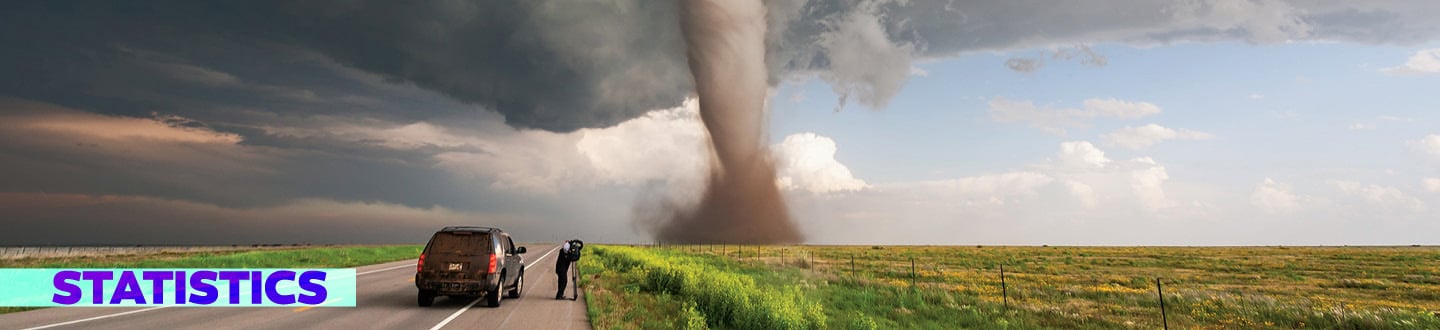 Photo of a person next to their car and taking a photo of a large tornado. Text, "Statistics"