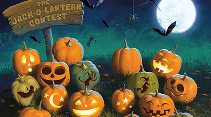 A variety of Jack-O&apos;-Lanterns and bats on a full moon night. Sign reads: The Jack-O&apos;-Lantern Contest