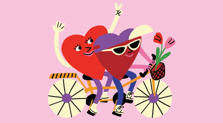 Illustration of two personified hearts riding a bike