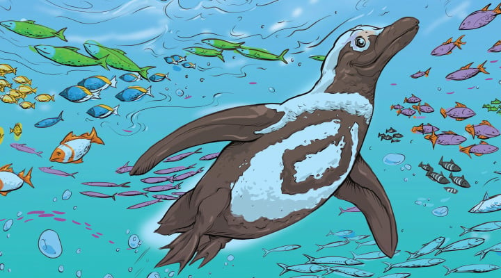 Illustration of penguin swimming underwater while other fish swim by