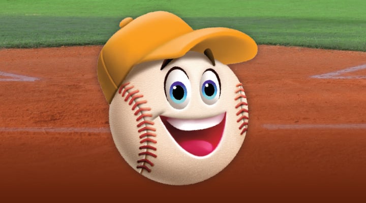 Image of a smiling baseball wearing a yellow cap