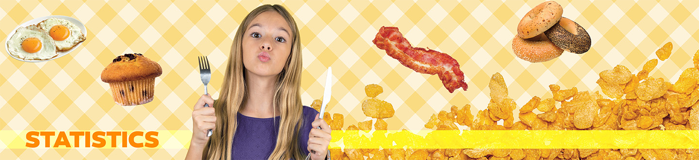 Image of kid holding fork and knife while surrounded by bacon, eggs, muffin. "Statistics"