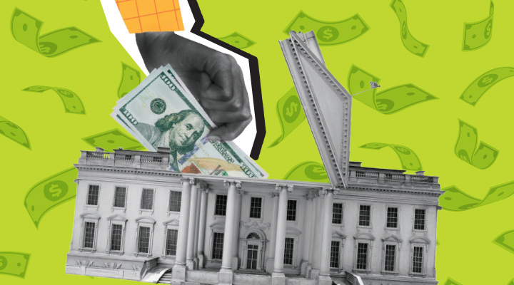 Collage of the White House with a hand holding a $100 bill and money floating around