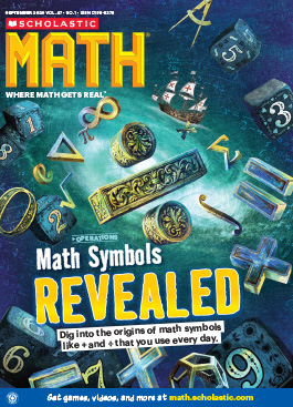 Cover of Scholastic Math magazine, math symbols and numbers float against a teal background