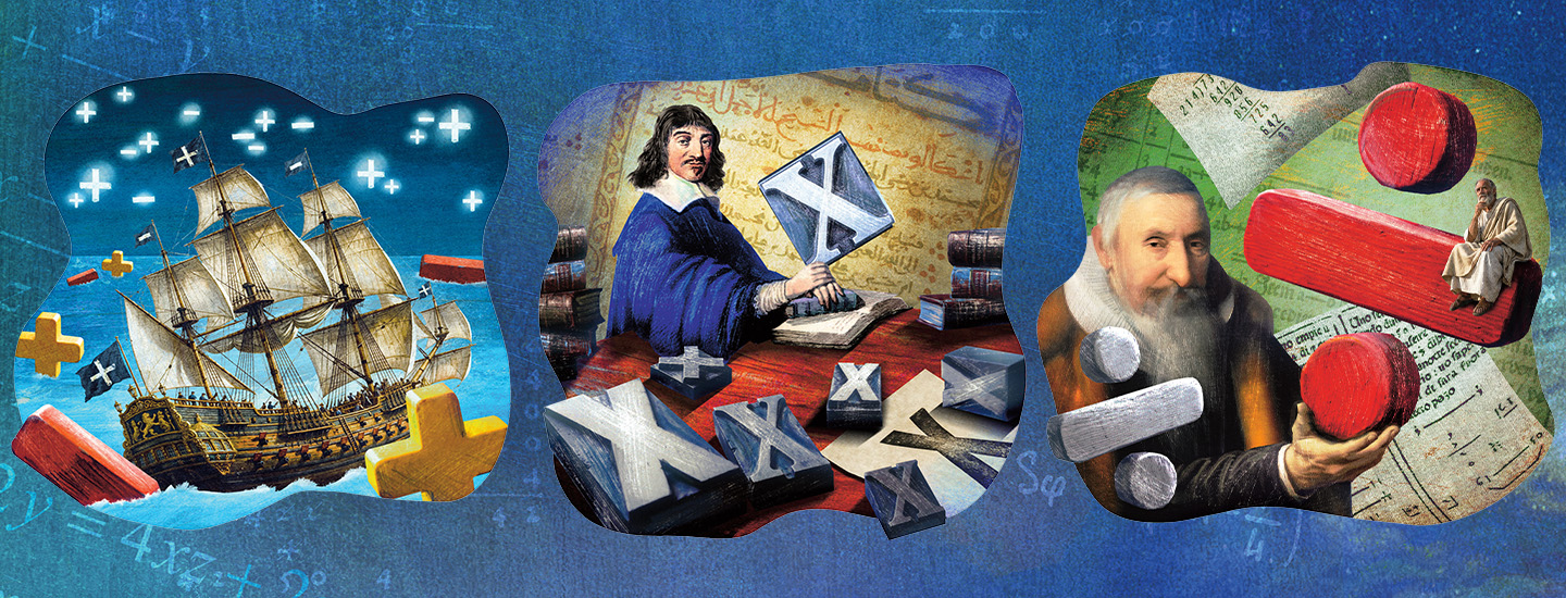 Collage that explores the history of mathematical symbols and the scholars who developed them