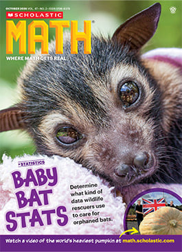 Cover of Scholastic Math, a close-up of a baby bat with large eyes and ears