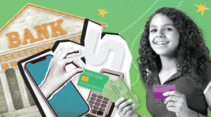 A girl holds a credit card next to illustrations of a bank, cash, and a smartphone