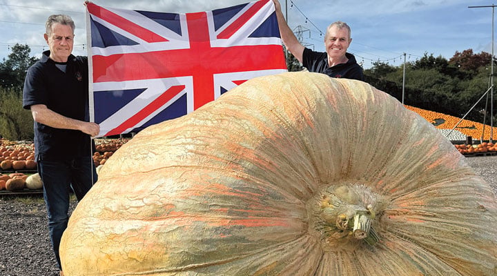 Two men hold a Union Jack flag behind an enormous giant pumpkin outdoors