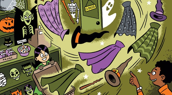 Two children browse a Halloween costume shop filled with masks, capes, and spooky decorations