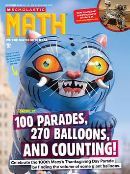Cover of Scholastic Math, a large cat parade balloon floats above a city street