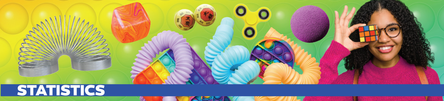 A banner labeled Statistics shows a girl holding a Rubik's cube beside colorful toys and fidgets