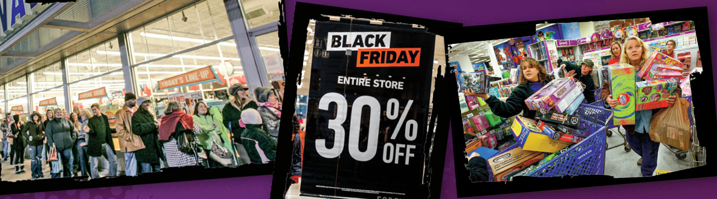 Collage that shows Black Friday shopping scenes, including crowds, a sale sign, and shoppers with items