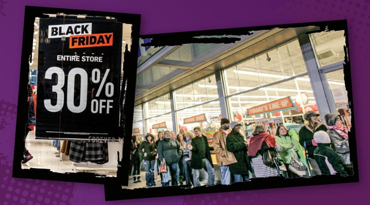 Two photos show a Black Friday sale sign reading Entire Store 30% Off and a crowd outside a store entrance