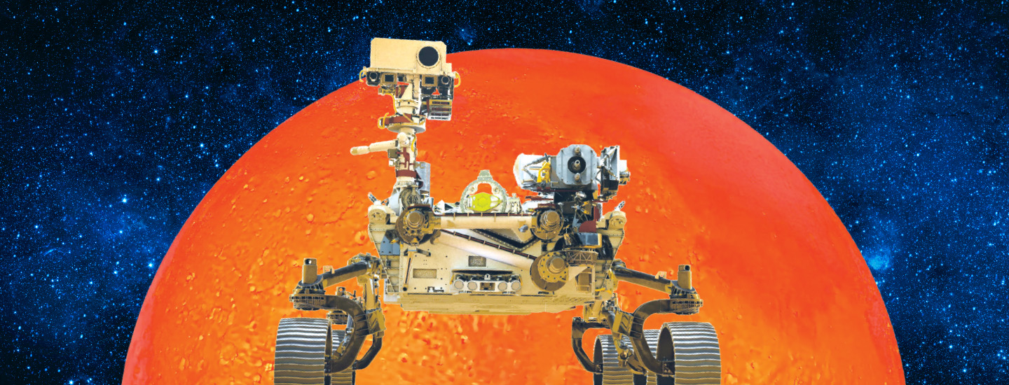 A Mars rover with multiple instruments and wheels set against a large red planet and starry sky
