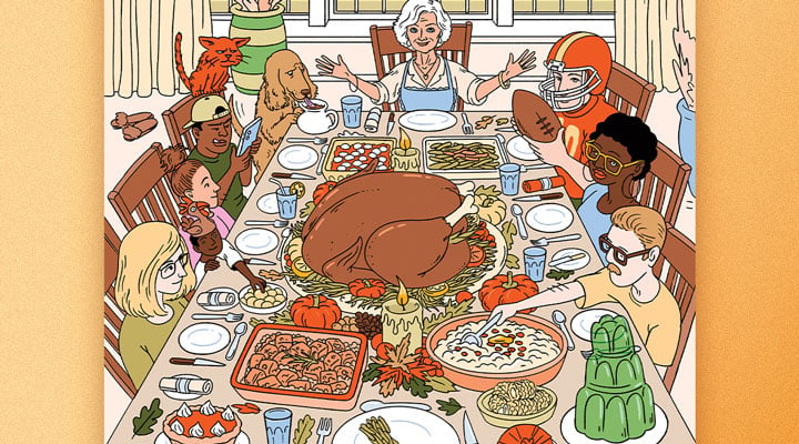 A group gathers around a large table filled with a turkey and Thanksgiving dishes