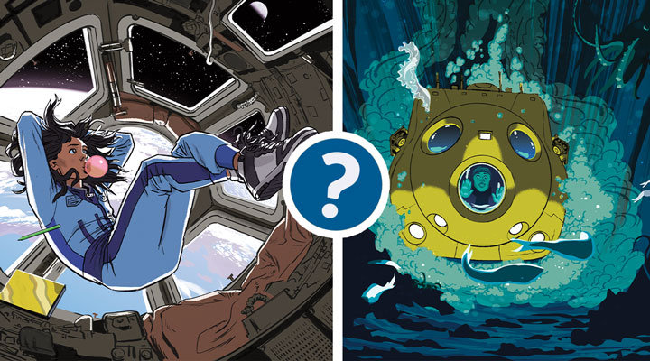 Illustration of astronaut in space and illustration of person underwater in submarine